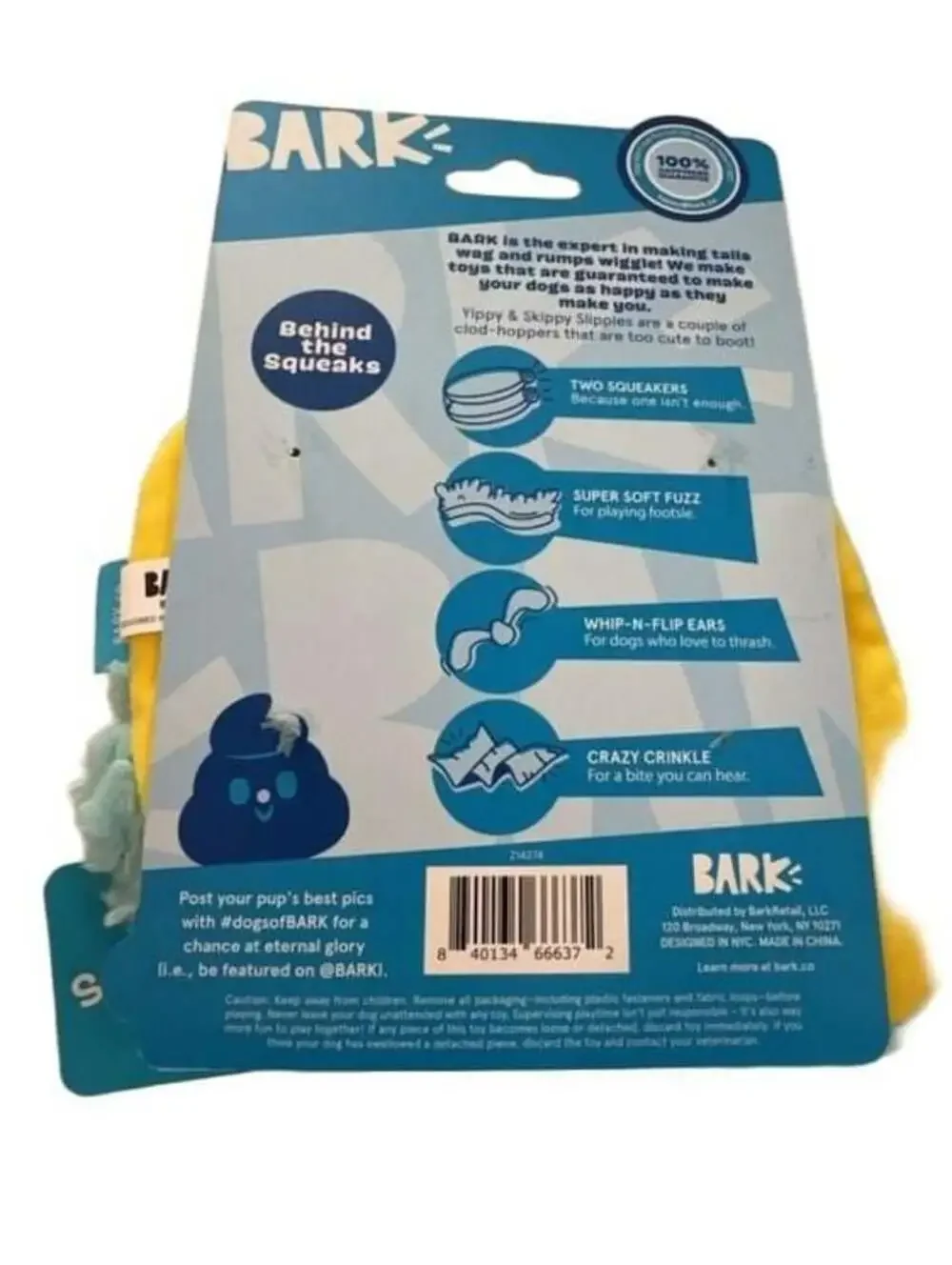 BARK Yippy & Skippy Slippies Plush Blue Bunny Dog Toy XS-S
